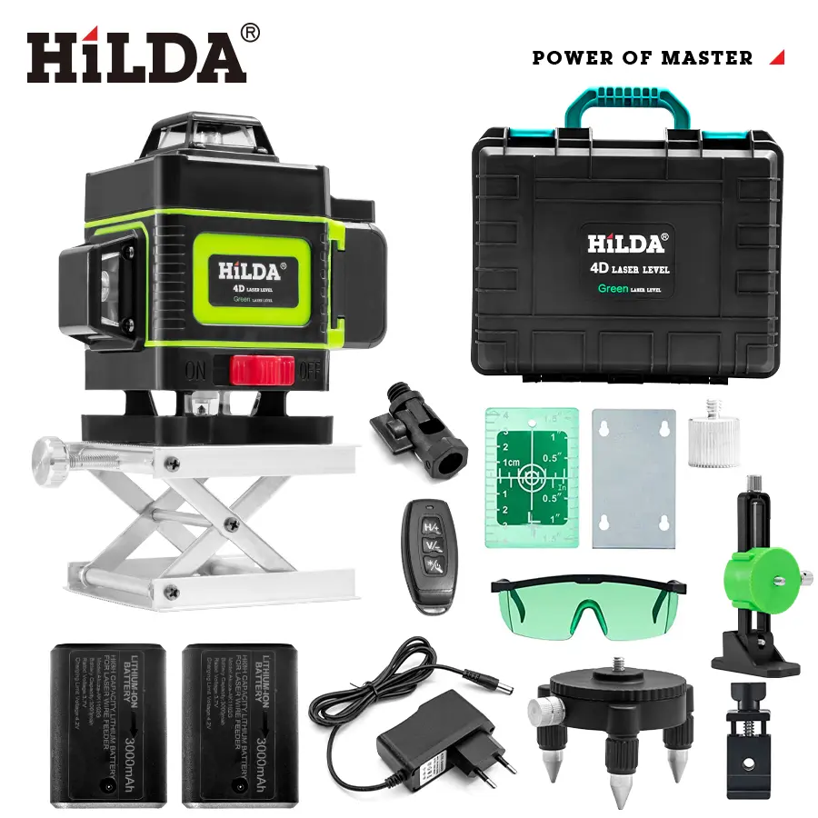 HILDA 4D 16, 360°-os zöld szintező lézer % kijelzővel teljes doboz